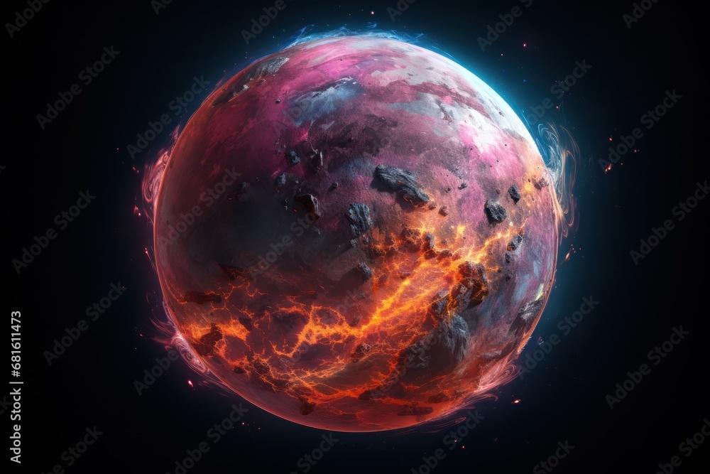  a close up of a red and blue planet on a black background with fire and smoke coming out of the planet's core and surrounding it, in the foreground.
