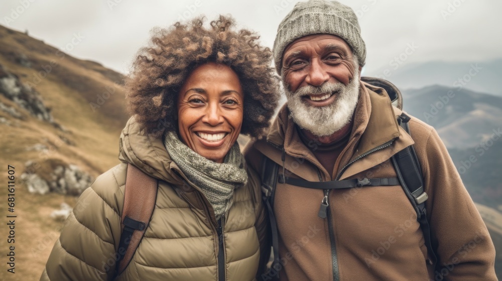 Senior couples bonding while hiking in the mountains. Senior couples bonding while hiking in the mountains.