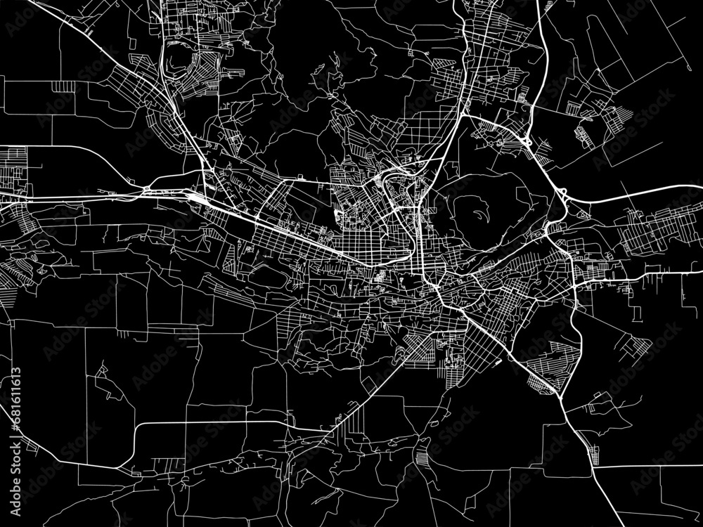 Vector road map of the city of Pyatigorsk in the Russian Federation with white roads on a black background.
