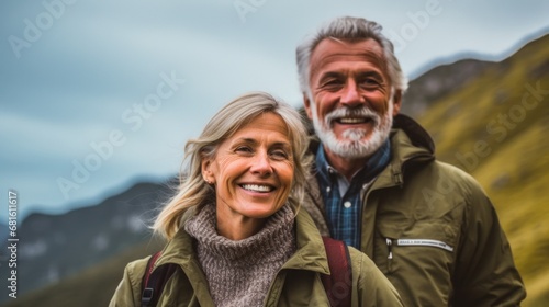 Elderly couples enjoying a mountain vacation hike.