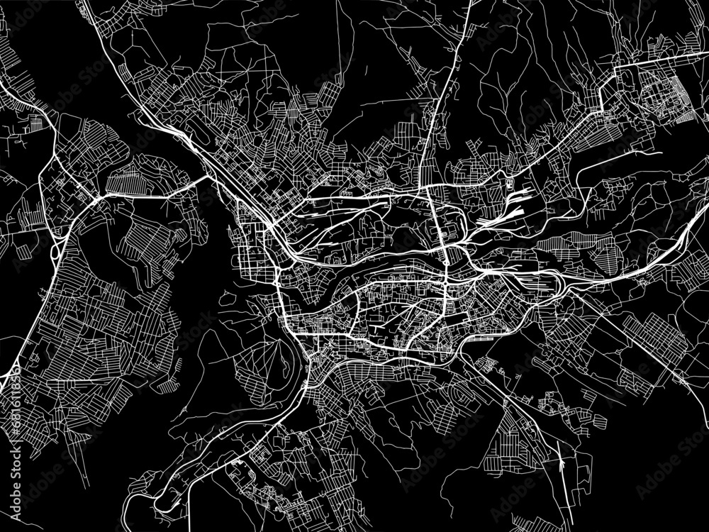 Vector road map of the city of Ulan-Ude in the Russian Federation with white roads on a black background.