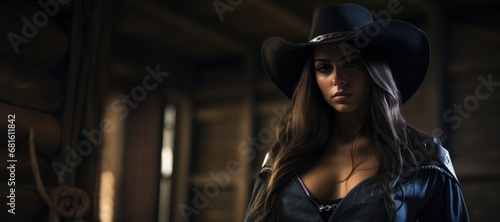 Beautiful Badass Brunette Cowgirl - Amazing Brunette Cowgirl Background - Clothes are in the Raw, Tough and Grunge Style - Cowgirl with Brown Hair Wallpaper created with Generative AI Technology