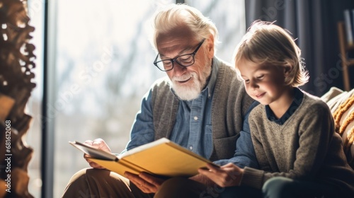 Caucasian grandfather and child reading in a kids' room. photo