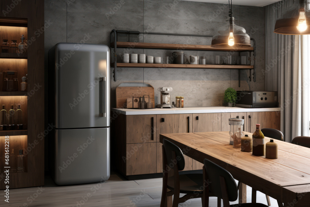 a kitchen area with a table, refrigerator, and shelves with bottles and glasses on it, and a window with light coming in from the side of the room. a kitchen area with a table, refrigerator, and shelves with bottles and glasses on it, and a window with light coming in from the side of the room.
