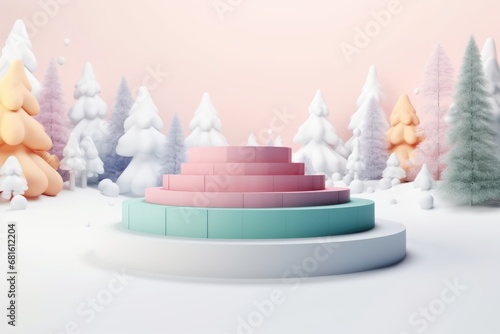 Merry Christmas banner with stage product display cylindrical shape and festive decoration for Christmas, snow background, promotion display, 3D rendering product display platform. © PimPhoto