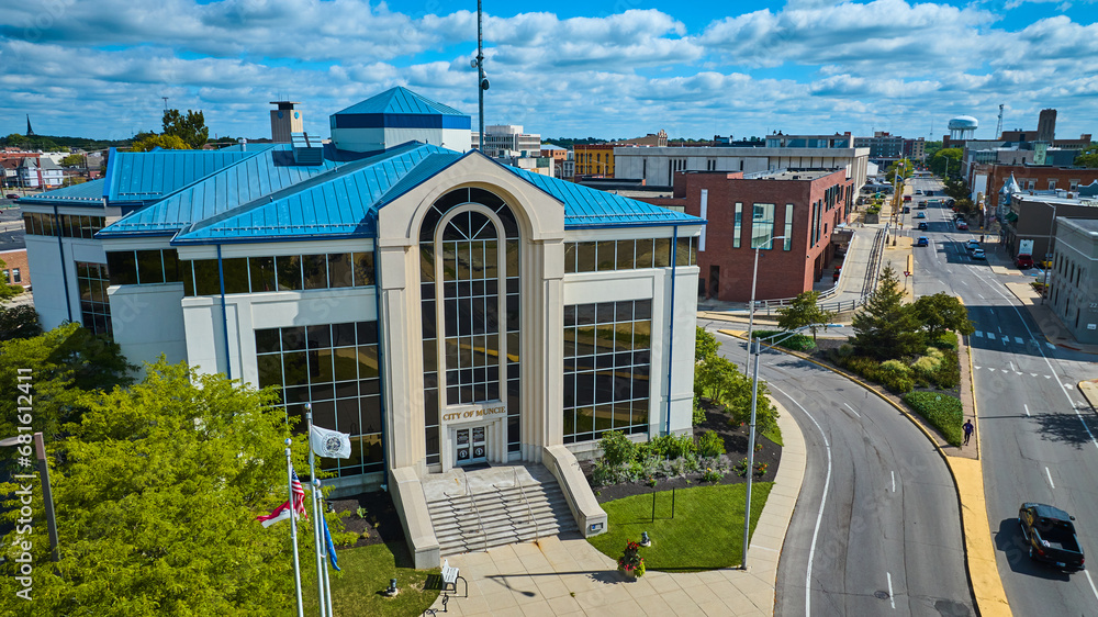 City Clerks Office, City of Muncie building aerial on sunny summer day in Midwest town, IN City Clerks Office, City of Muncie building aerial on sunny summer day in Midwest town, IN
