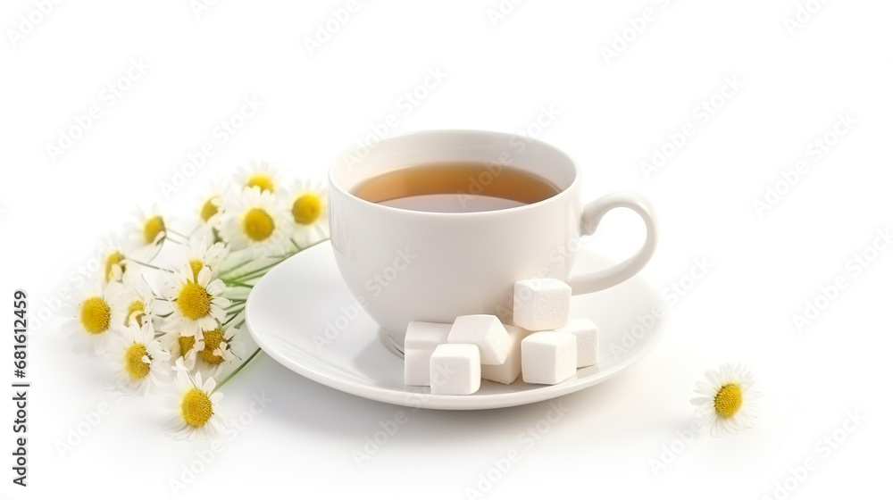 An isolated image of a cup of chamomile tea with sugar cubes on a white background An isolated image of a cup of chamomile tea with sugar cubes on a white background