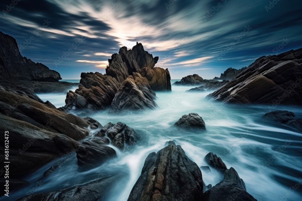  a body of water with rocks in the foreground and a cloudy sky in the background, with a few clouds in the sky, and some rocks in the foreground.