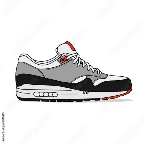 Black, gray, white, and red sneakers, outlined and isolated on a white background. Suitable for commercial purposes.