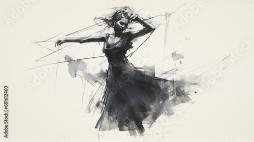 Black charcoal pencil drawing of a young active ballet dancing lady in white background with live performance  photo