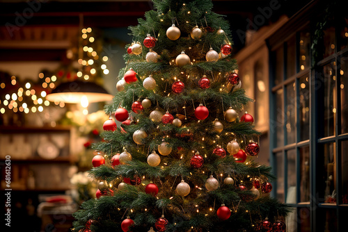 Christmas tree with decorative lights inside the house. Vintage living room interior with Christmas tree. Generative AI