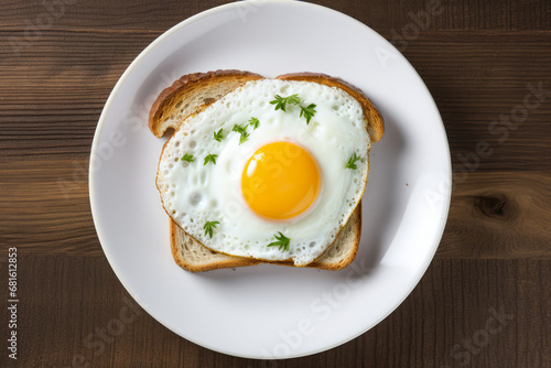 a fresh fried egg with bright yellow yolk on a slice of toast