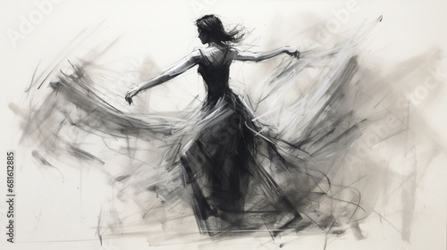 Black charcoal pencil drawing of a young active ballet dancing lady in white background with live performance 