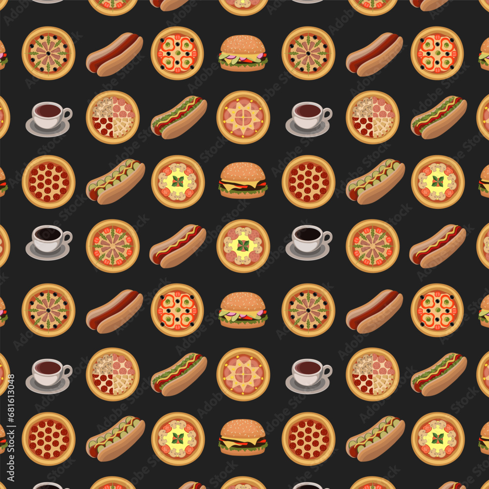 Seamless pattern with pizzas hot dogs coffee tea on dark background design for pizzeria Seamless pattern with pizzas hot dogs coffee tea on dark background design for pizzeria