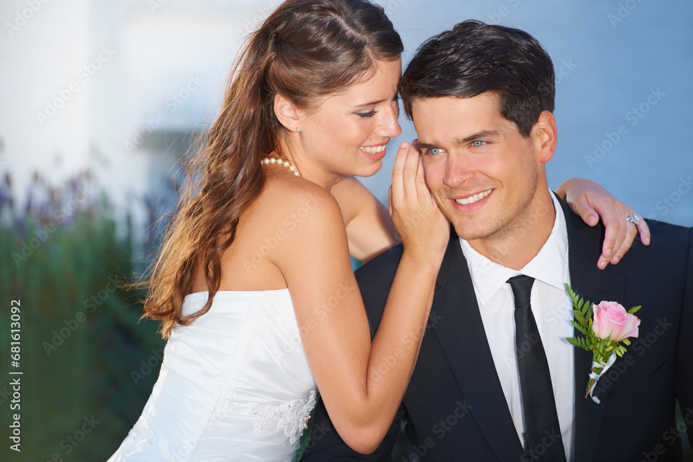 Woman, man and whisper at wedding, smile and thinking outdoor with secret, story and love with romance. Couple, marriage and happy with talking, gossip or news with care, commitment and celebration Woman, man and whisper at wedding, smile and thinking outdoor with secret, story and love with romance. Couple, marriage and happy with talking, gossip or news with care, commitment and celebration