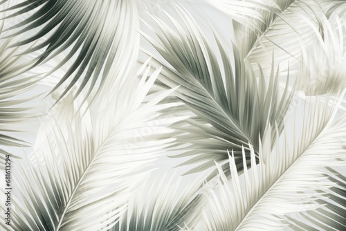 a close up of a palm leaf wallpaper with white and green leaves on a white background with a black and white stripe in the middle of the bottom right corner.