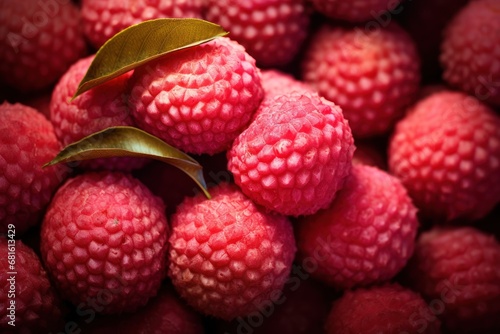  a close up of a bunch of raspberries with a leaf on top of one of the raspberries is red and the other raspberries are red.