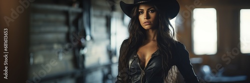 Beautiful Badass Brunette Cowgirl - Amazing Brunette Cowgirl Background - Clothes are in the Raw, Tough and Grunge Style - Cowgirl with Brown Hair Wallpaper created with Generative AI Technology