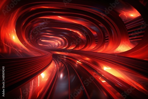  a computer generated image of a tunnel of red and orange lights in the center of the tunnel is a black background with a red light at the end of the tunnel.