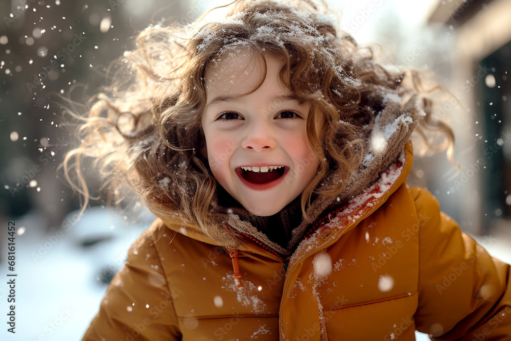 Portrait of little girl playing in the snow. Cute female child wearing thick jacket, was running with happy expression. Little girl enjoying the holidays outdoors in snowfall. Generative AI Portrait of little girl playing in the snow. Cute female child wearing thick jacket, was running with happy expression. Little girl enjoying the holidays outdoors in snowfall. Generative AI