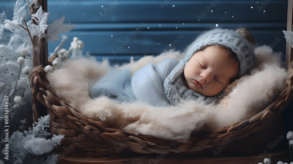 Obraz premium Cute baby in a cozy blanket photo, sleeping, Generative AI