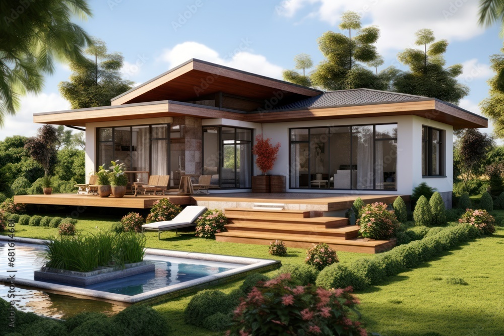  a 3d rendering of a house with a pool in the foreground and a deck on the other side of the house that is surrounded by lush green grass and trees.