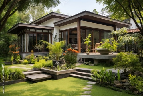  a house in the middle of a lush green yard with steps leading up to the front door and steps leading up to the upper level of the front of the house. © Shanti