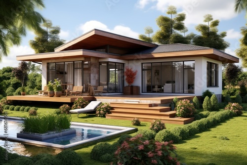  a 3d rendering of a house with a pool in the foreground and a deck on the other side of the house that is surrounded by lush green grass and trees. © Shanti