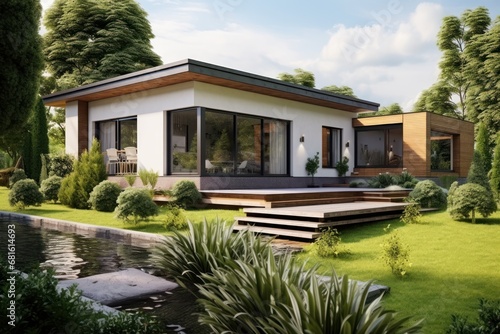  a rendering of a house in the middle of a garden with a pond and steps leading to the front door and a deck leading to the back of the house. © Shanti