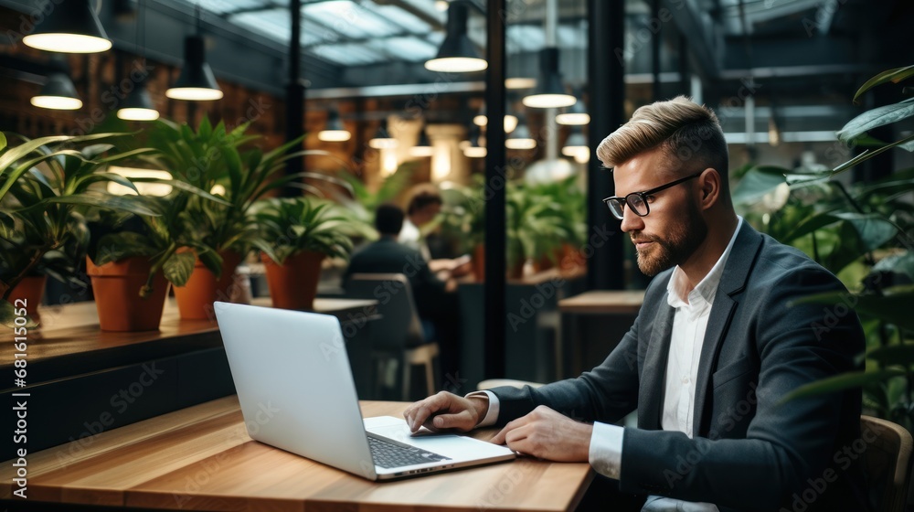 Handsome businessman working with laptop in cafe. Businessman using laptop in cafe Handsome businessman working with laptop in cafe. Businessman using laptop in cafe