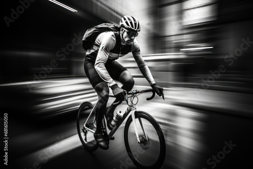  a black and white photo of a bicyclist riding in a blurry photo of a building in the background with a blurry image of the bicyclist in the foreground.