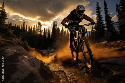  a man riding a bike on top of a dirt road next to a lush green forest covered in yellow and orange sun flares through the clouds in the sky.