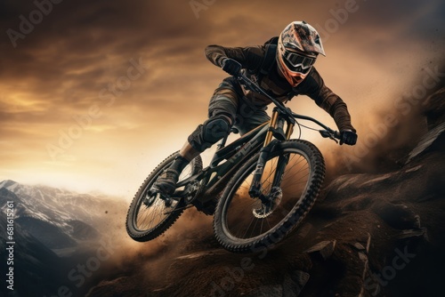  a man riding a mountain bike on top of a rocky hill under a cloudy sky with a mountain range in the background and a dark sky with clouds in the foreground.