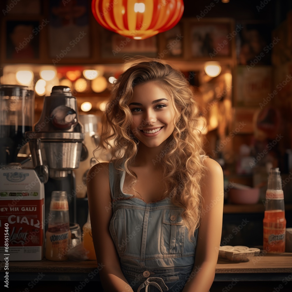 A portrait of a smiling young woman cashier