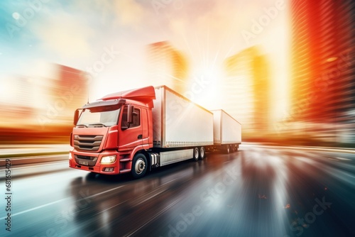  a red semi truck driving down a street in front of a cityscape with tall buildings on the other side of the road and a bright sun shining on the horizon.