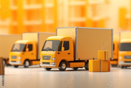  a row of yellow delivery trucks parked next to each other in front of a tall building with yellow boxes on each side of the truck and a yellow box on the front of the.