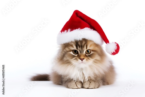 postal christmas greeting card with a cute fluffy cat, copy space.