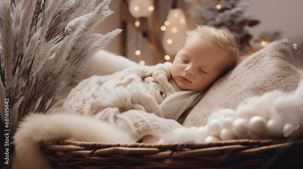 Obraz premium Cute baby in a cozy blanket photo, sleeping, Generative AI
