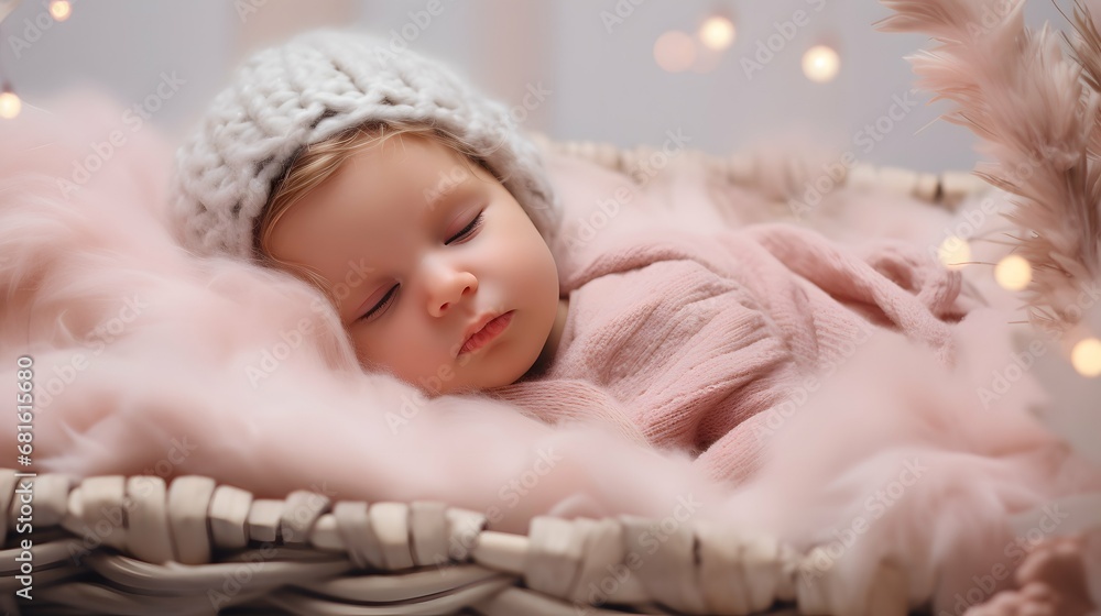 Cute baby in a cozy blanket photo, sleeping, Generative AI Cute baby in a cozy blanket photo, sleeping, Generative AI