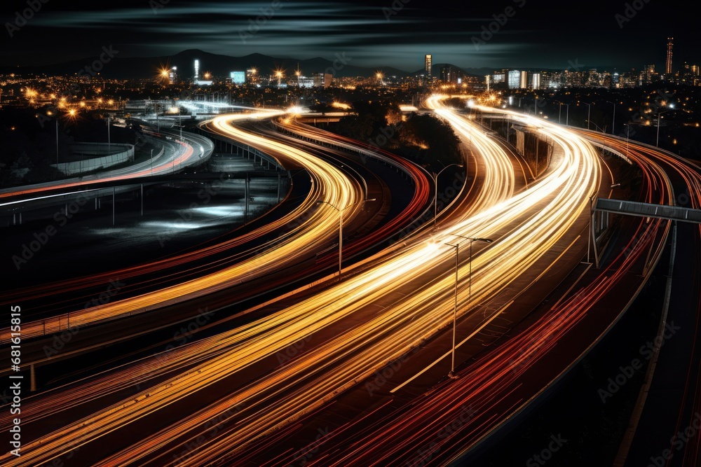  a long exposure photo of a highway at night with the lights of cars streaking in the direction of the camera and the city lights in the distance in the distance.