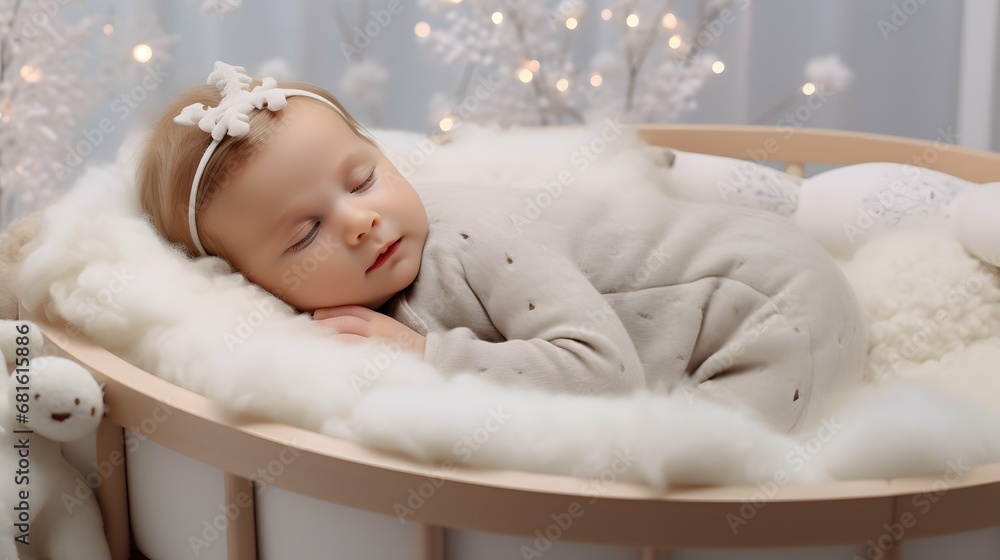 Cute baby in a cozy blanket photo, sleeping, Generative AI Cute baby in a cozy blanket photo, sleeping, Generative AI