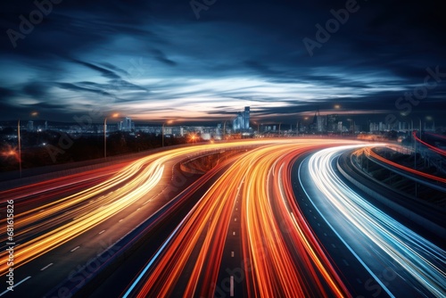 a long - exposure photo of a highway at night with the lights of cars streaking down the road and buildings in the distance, with a cloudy sky in the background.