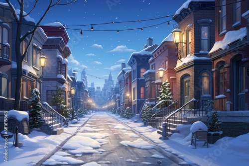  a painting of a city street at night with snow on the ground and christmas lights strung across the street and buildings on both sides of the street, with snow on the ground.