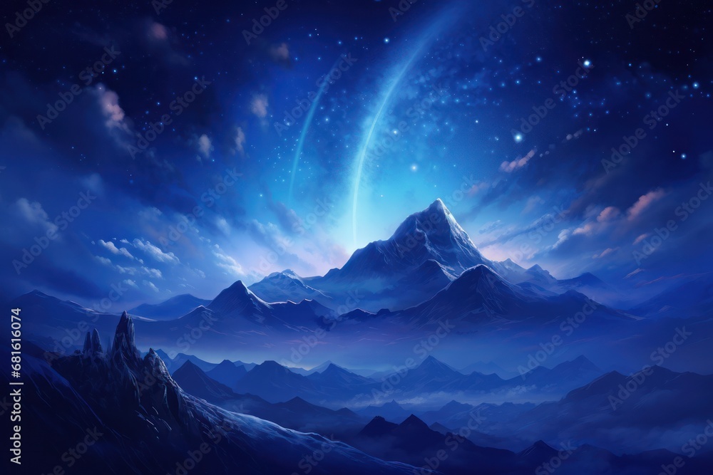  a painting of a mountain range with a bright blue sky and a bright star in the middle of the sky, and a shooting comet in the middle of the sky.