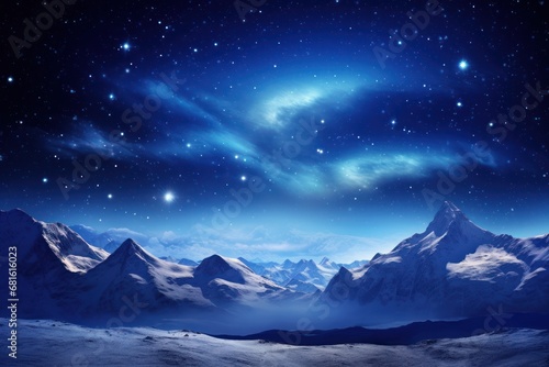  a night scene of a mountain range with stars in the sky and the moon in the middle of the night sky with clouds and stars in the sky above the mountain range.