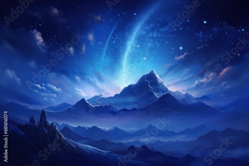  a painting of a mountain range with a bright blue sky and a bright star in the middle of the sky, and a shooting comet in the middle of the sky.