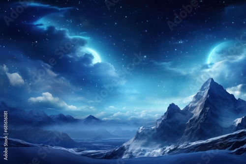  a snow covered mountain under a night sky with stars and a full moon in the sky with clouds and stars in the sky, and a full moon in the sky with clouds.