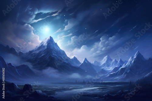  a painting of a mountain range at night with the moon in the sky and stars in the sky above the mountain range, with a river running between the mountains.
