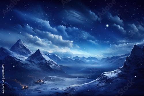  a painting of a snowy mountain scene with a house in the foreground and a night sky with stars and clouds in the middle of the top of the mountain. © Shanti