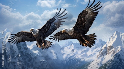 A pair of raptors engaged in an aerial courtship dance above a rugged mountain range © MAY